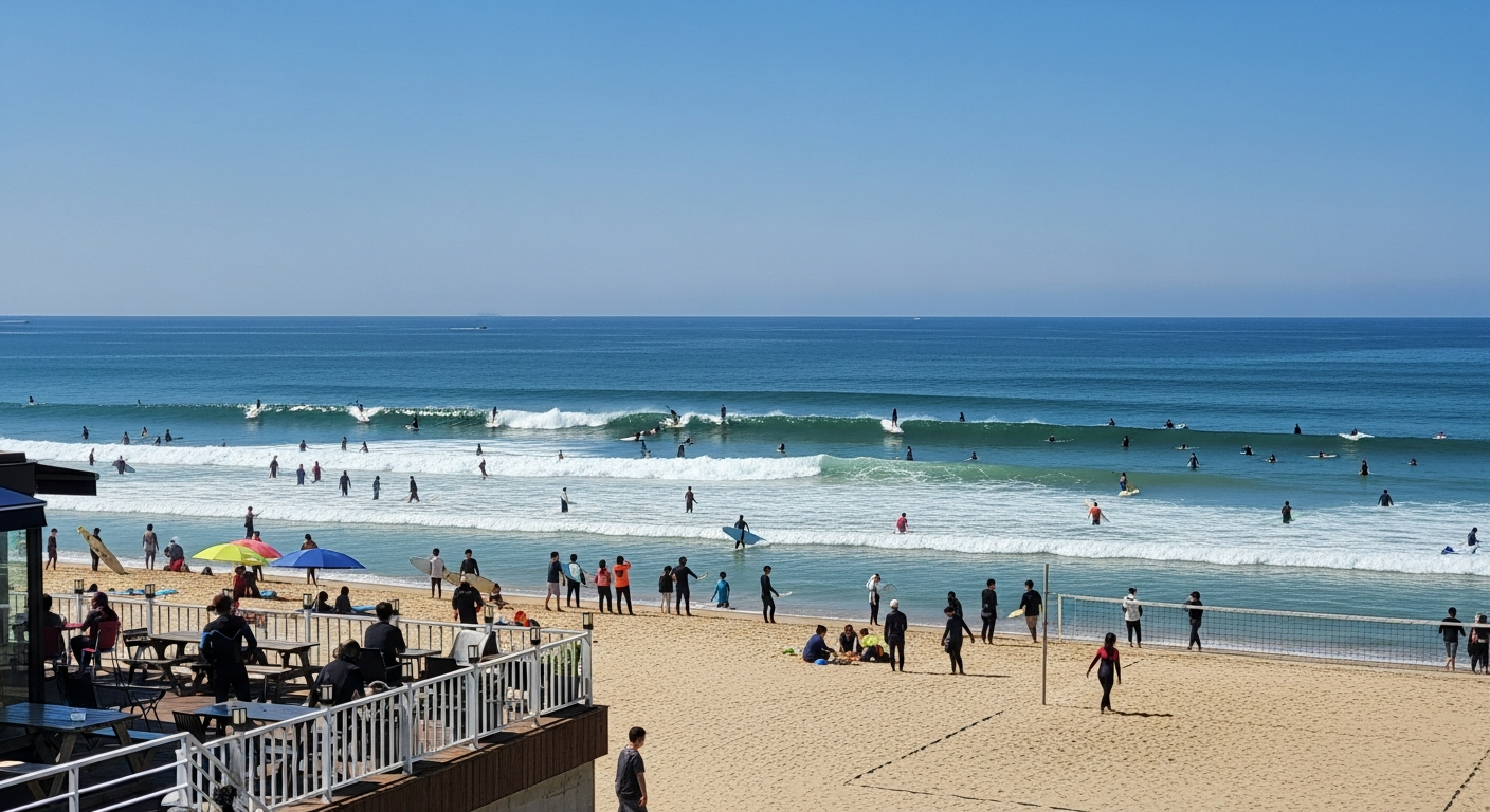 부산 송정해수욕장의 사계절 서핑과 주변 상점 및 카페 모습