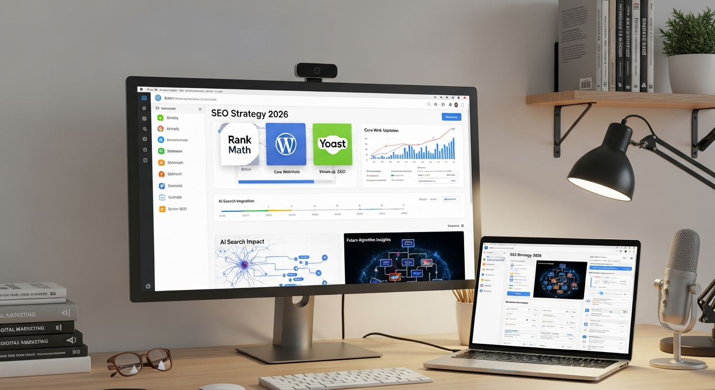 2026년 워드프레스 SEO 최적화와 AI 검색 환경을 보여주는 워드프레스 대시보드 화면
