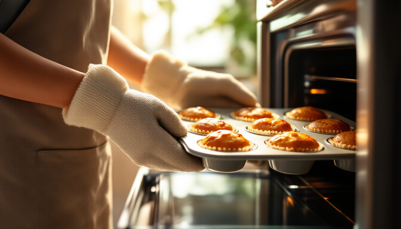 따뜻한 가정 주방에서 실리콘 머핀틀과 오븐 장갑으로 갓 구운 머핀을 꺼내는 한국인 홈베이커의 장면
