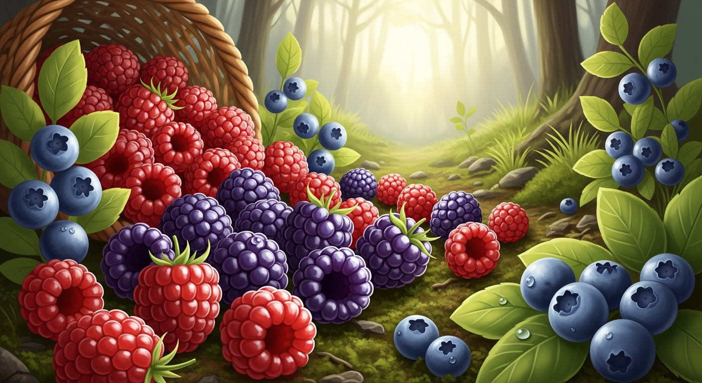 6월에 나는 슈퍼푸드 베리류를 따듯한 느낌의 동화풍 일러스트로 표현한 이미지