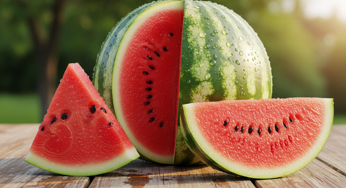 잘 익은 수박을 크게 자른 모습과 신선한 수박 조각들