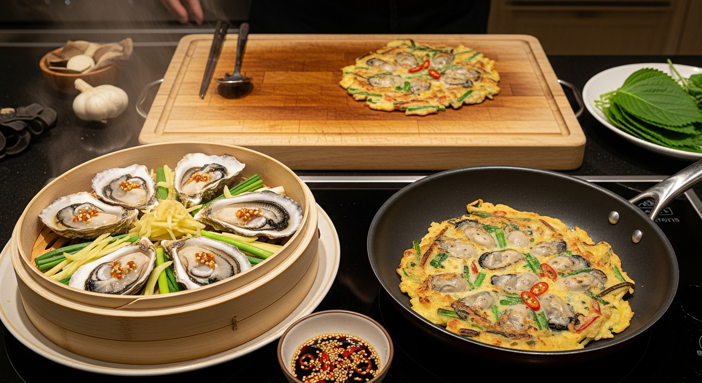 굴찜, 굴전, 굴밥, 꼬막무침, 꼬막비빔밥, 아귀탕 등 다양한 제철 해산물 요리의 사진