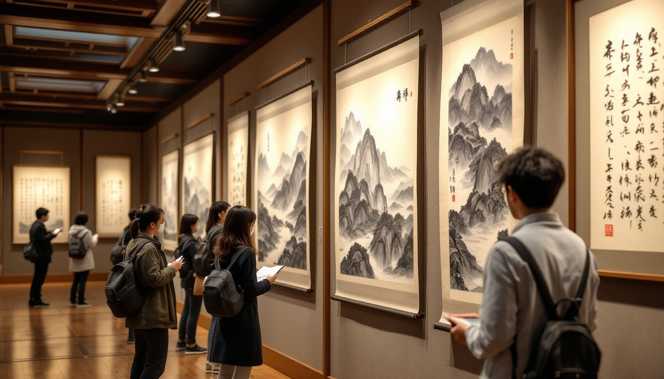 서화실 재개관을 보여주는 화폭과 서예 작품을 한국인 관람객들이 세심히 보는 장면