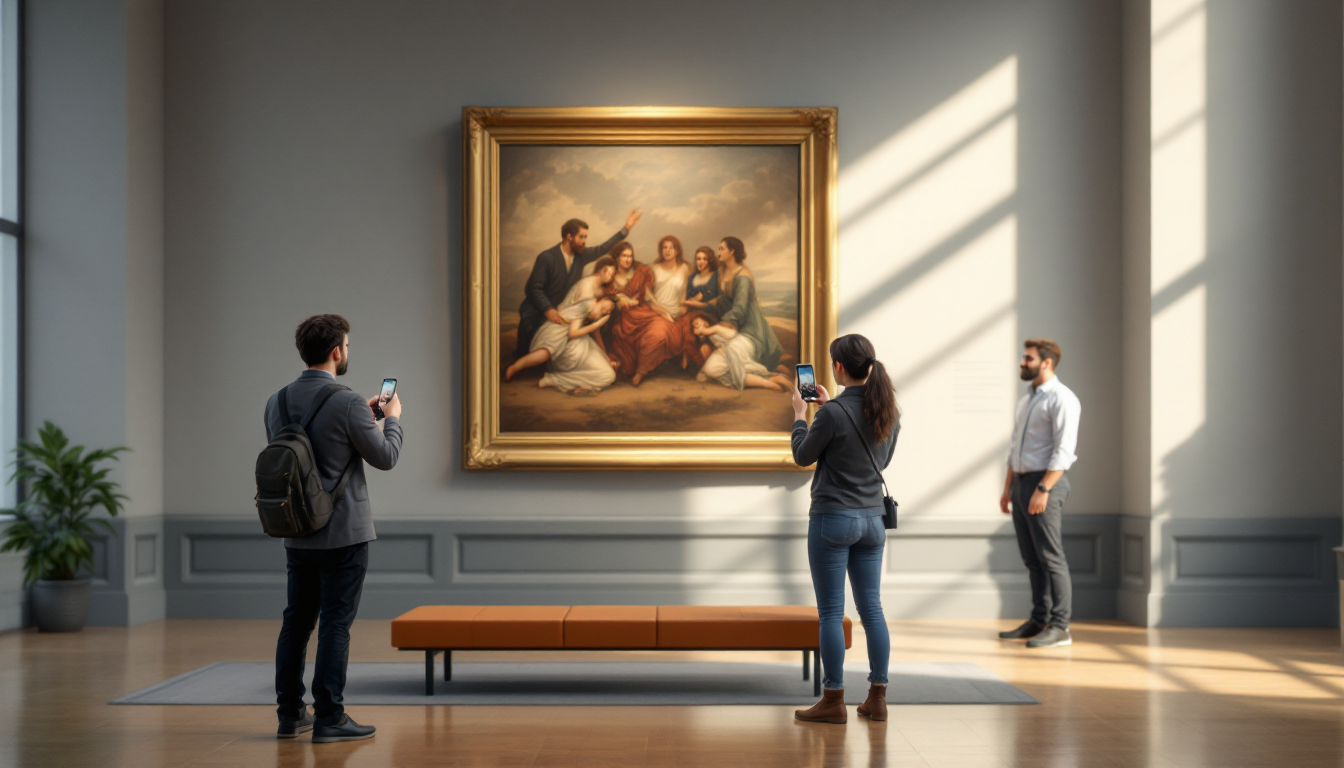 플래시나 삼각대를 사용하지 않고 스마트폰으로 조심스럽게 작품을 촬영하는 장면과 보관된 촬영 장비