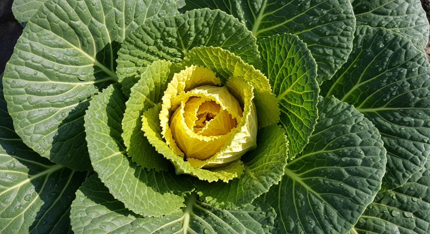 신선한 봄동 잎 클로즈업, 짙은 녹색과 선명한 노란 속잎, 아삭한 질감