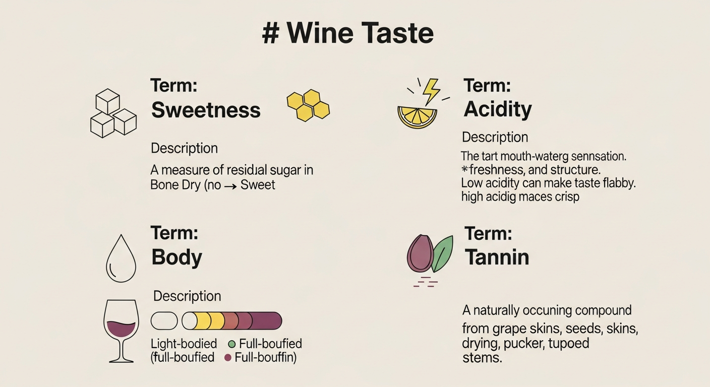 와인의 맛을 결정하는 핵심 용어 4가지의 인포그래픽 스타일 이미지