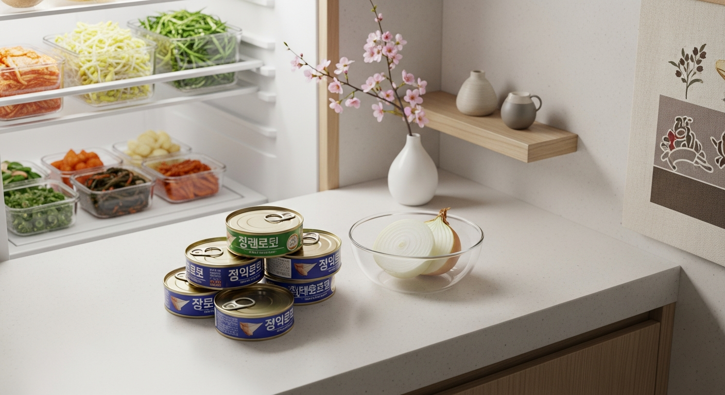 한국적인 주방 찬장에 참치캔과 반으로 자른 양파, 냉장고 속 자투리 채소가 놓여 있는 모습
