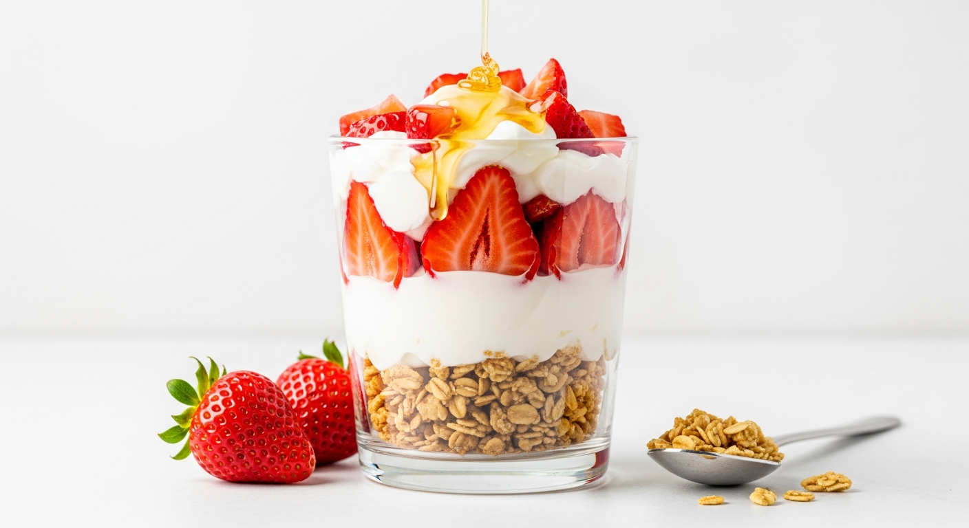 딸기 요거트 파르페가 유리컵에 층층이 쌓여 있는 모습