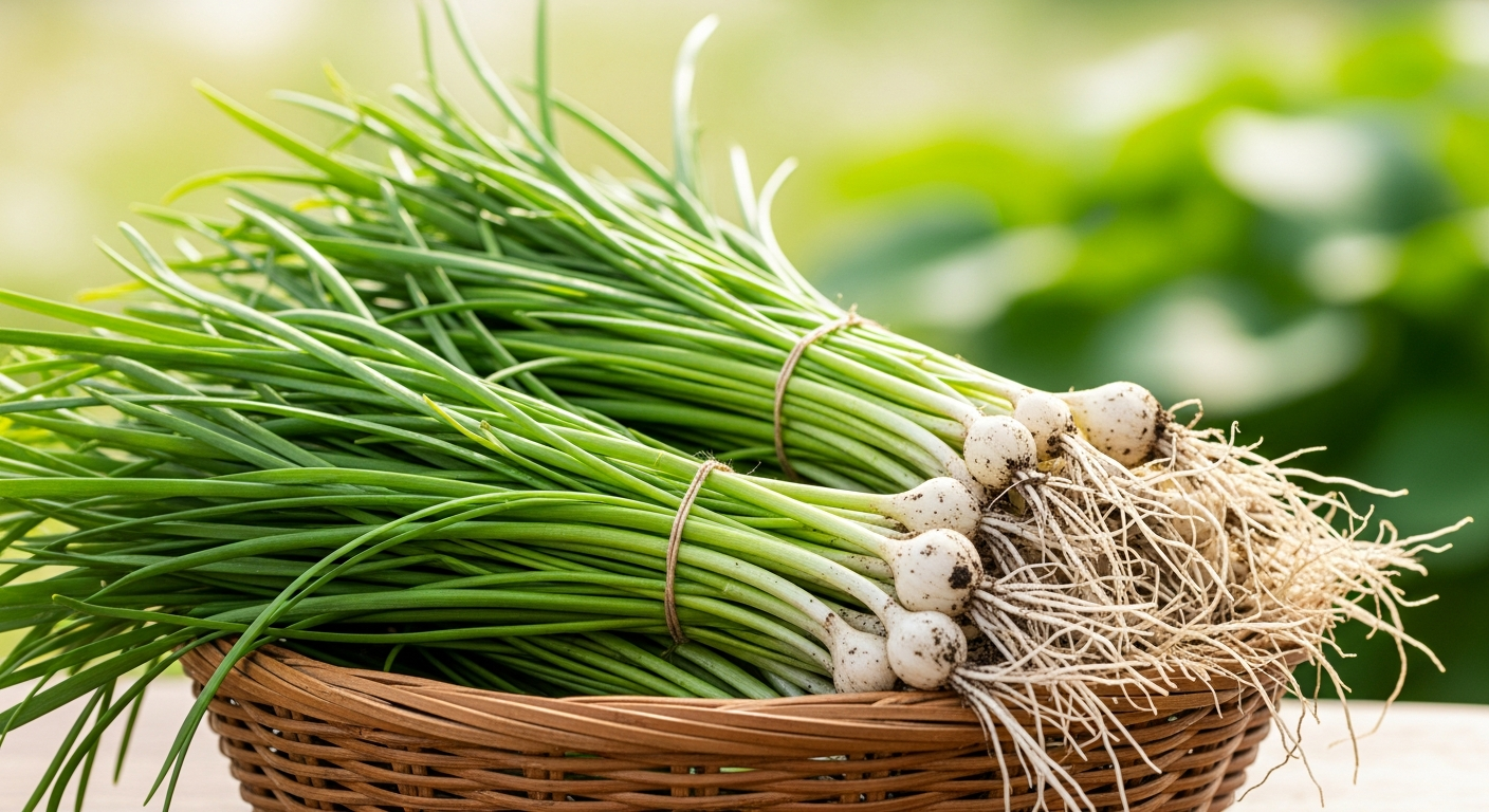 바구니에 담긴 신선한 달래 모습