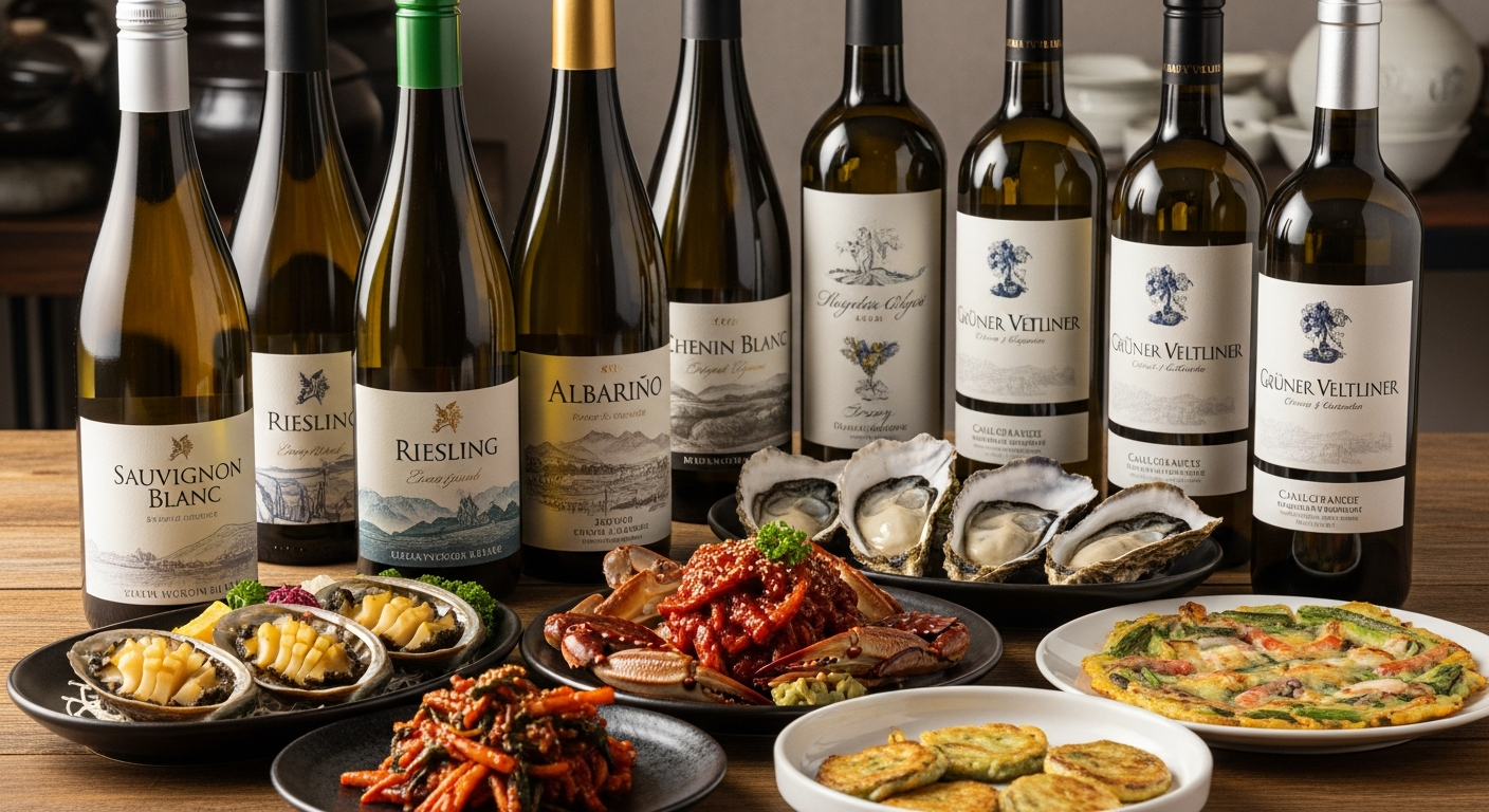 한국적 분위기의 서늘한 기후 화이트 와인과 해산물 요리를 함께 배치한 이미지