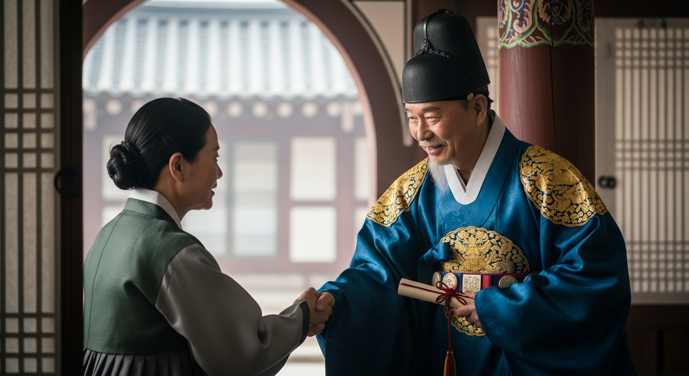 귀인이 도움을 주는 장면을 묘사한 전통적인 모습