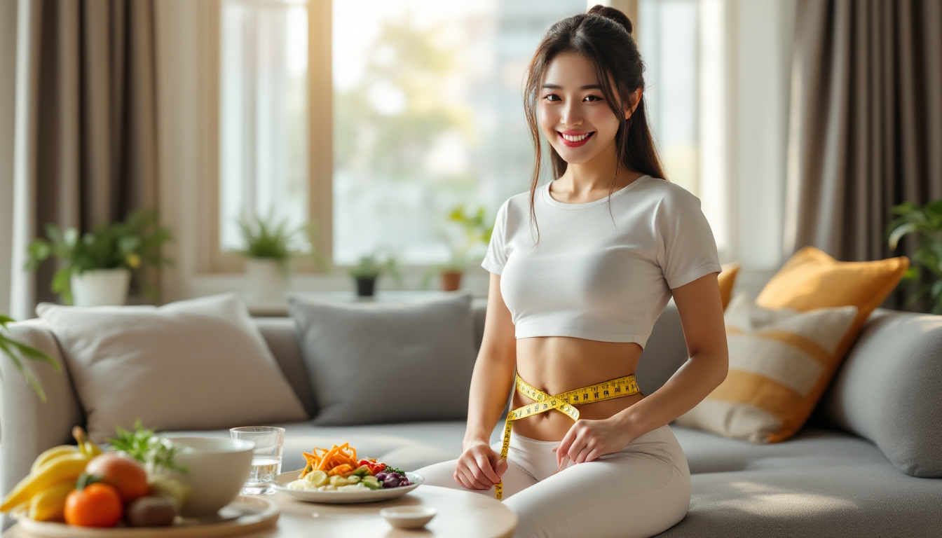 허리 둘레를 재며 자신감 있어하는 한국 여성과 케토 식단이 보이는 이미지