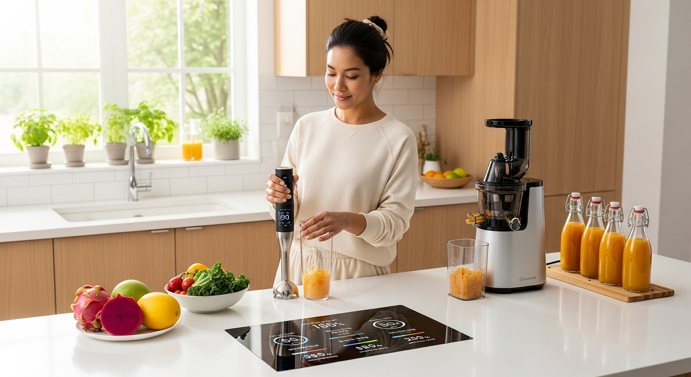 건강과 웰빙을 중시하는 한국 가정에서 스마트 주방용품을 사용하는 모습
