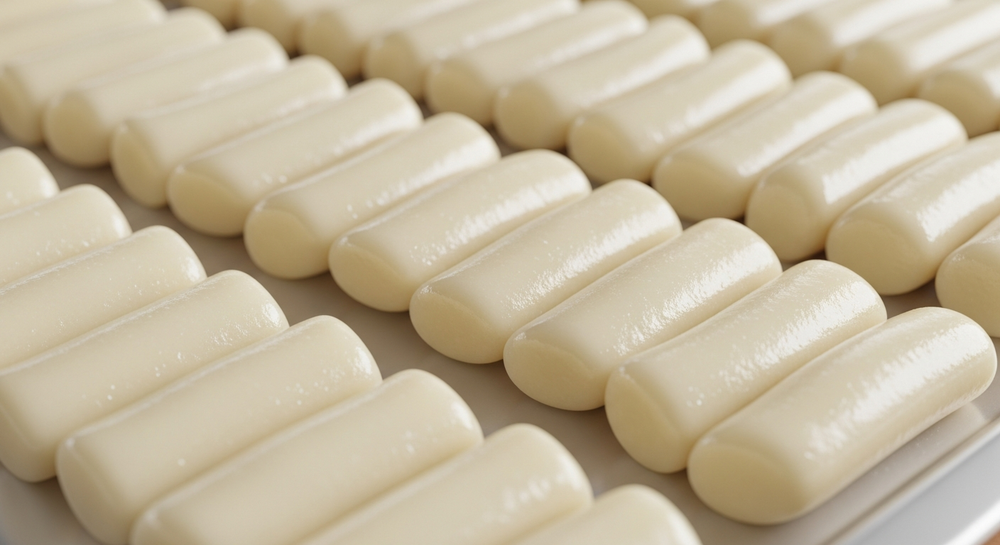 소분하여 참기름으로 코팅한 떡국떡이 쟁반에 놓여 냉동 준비 중인 모습