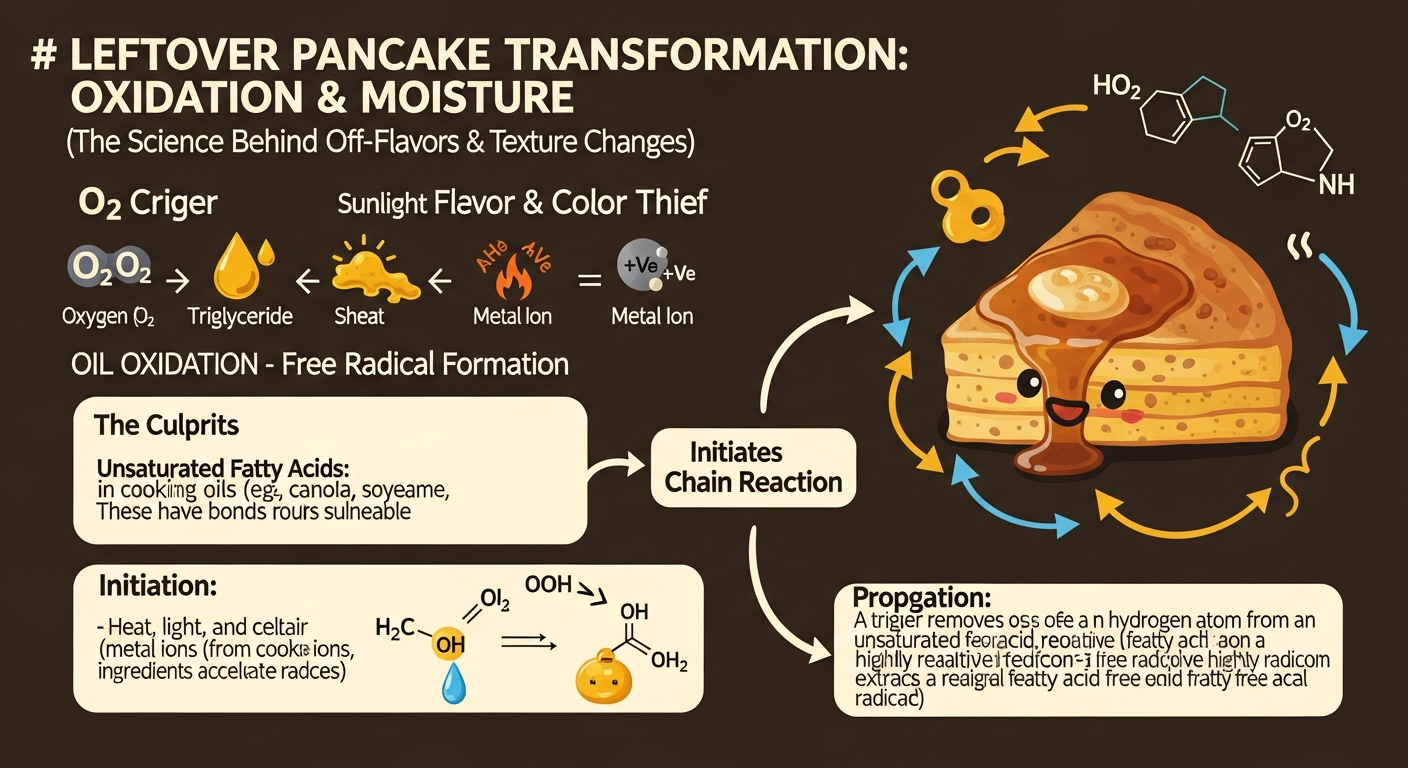 남은 전 요리의 기름 산패와 수분 변화 과정을 설명하는 인포그래픽