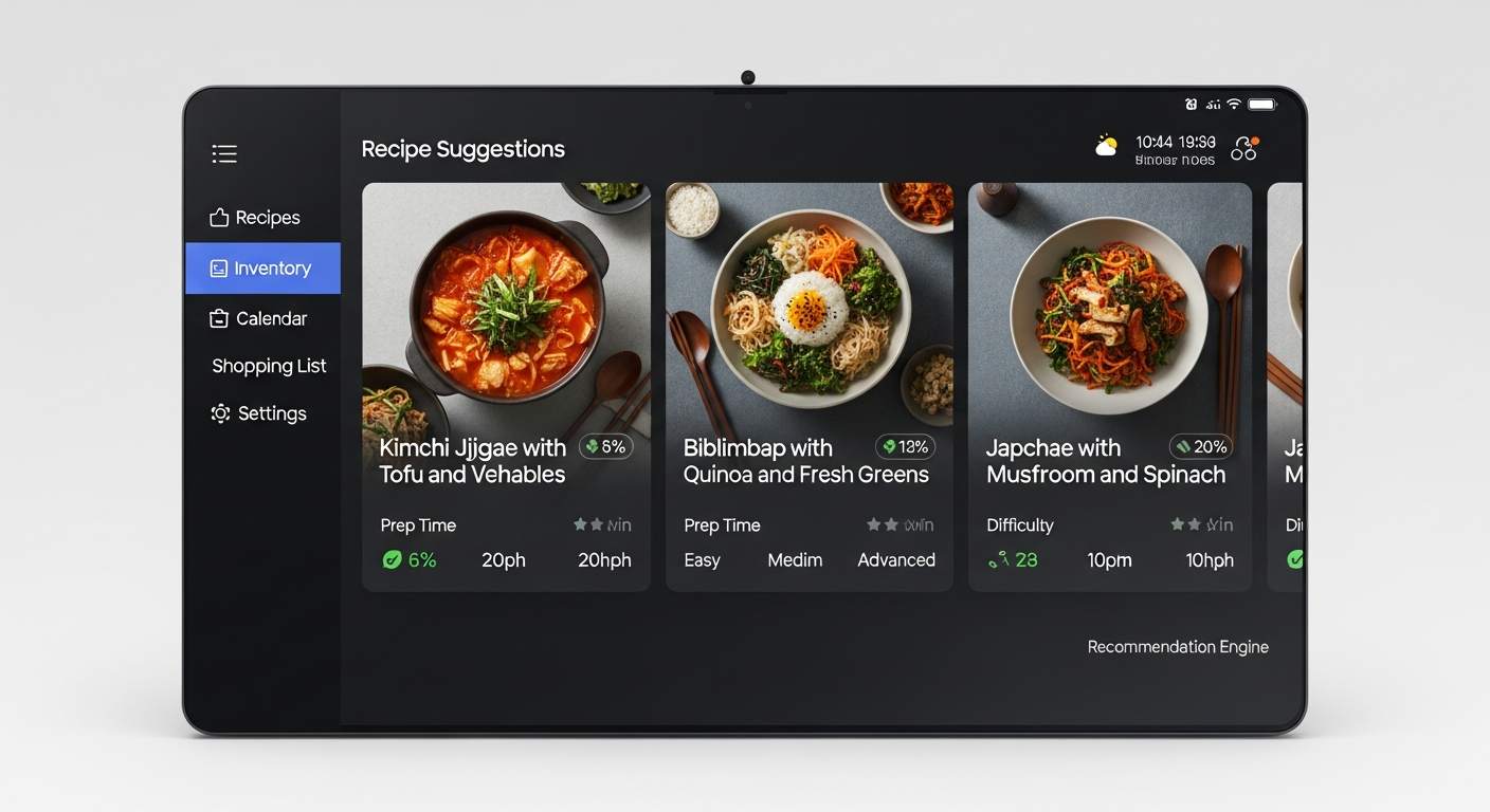삼성 비스포크 AI 패밀리허브 냉장고의 AI 인터페이스와 건강 레시피 추천을 보여주는 한국 주방 냉장고