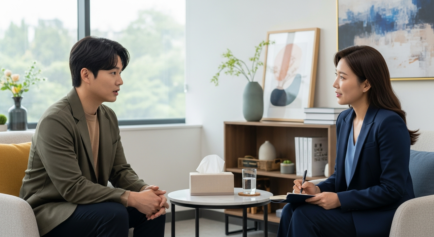 반복되는 악몽과 스트레스 문제로 전문가 상담을 받는 한국인 성인의 모습