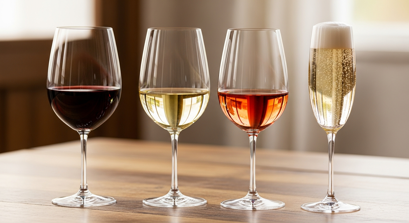 와인의 기본 종류 4가지가 각각 담긴 와인잔 4개가 나무 테이블 위에 놓여 있는 모습