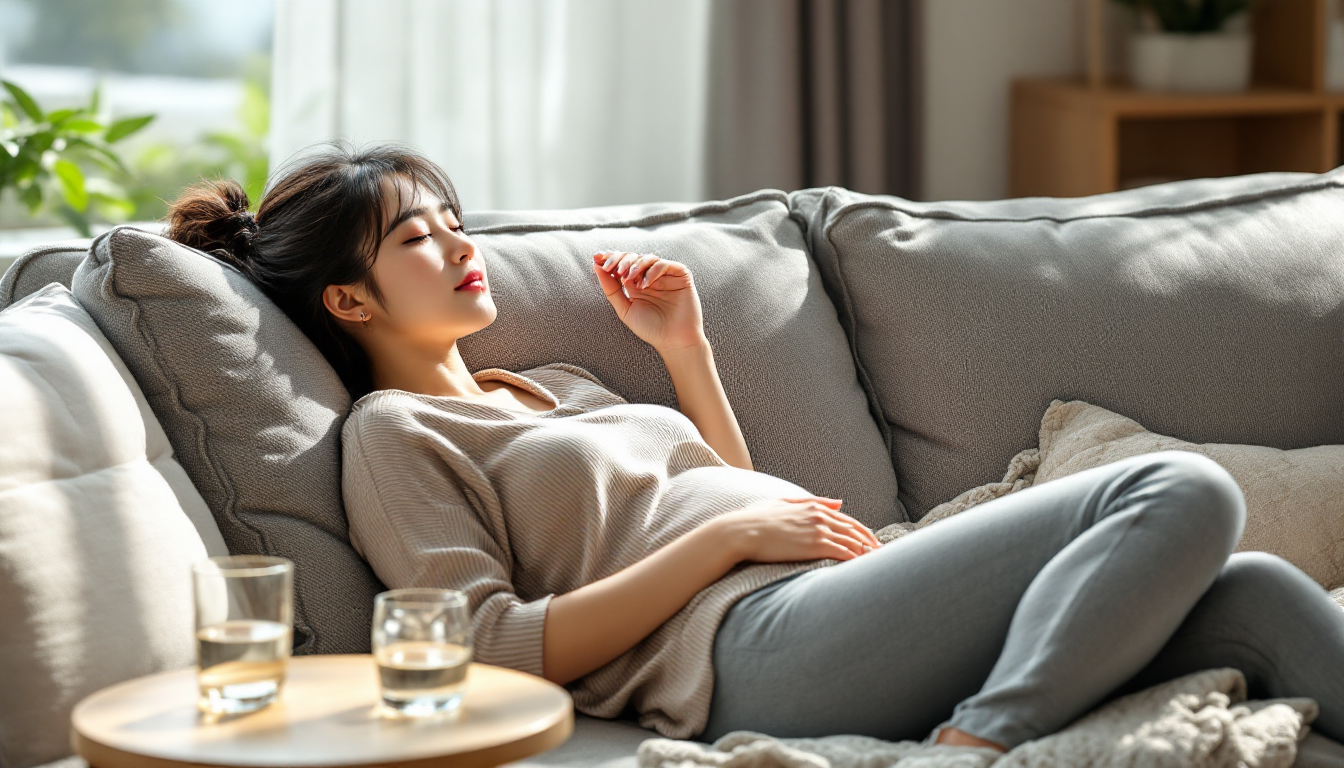 편안한 거실에서 회복을 위해 휴식하는 한국인 산후 여성의 모습