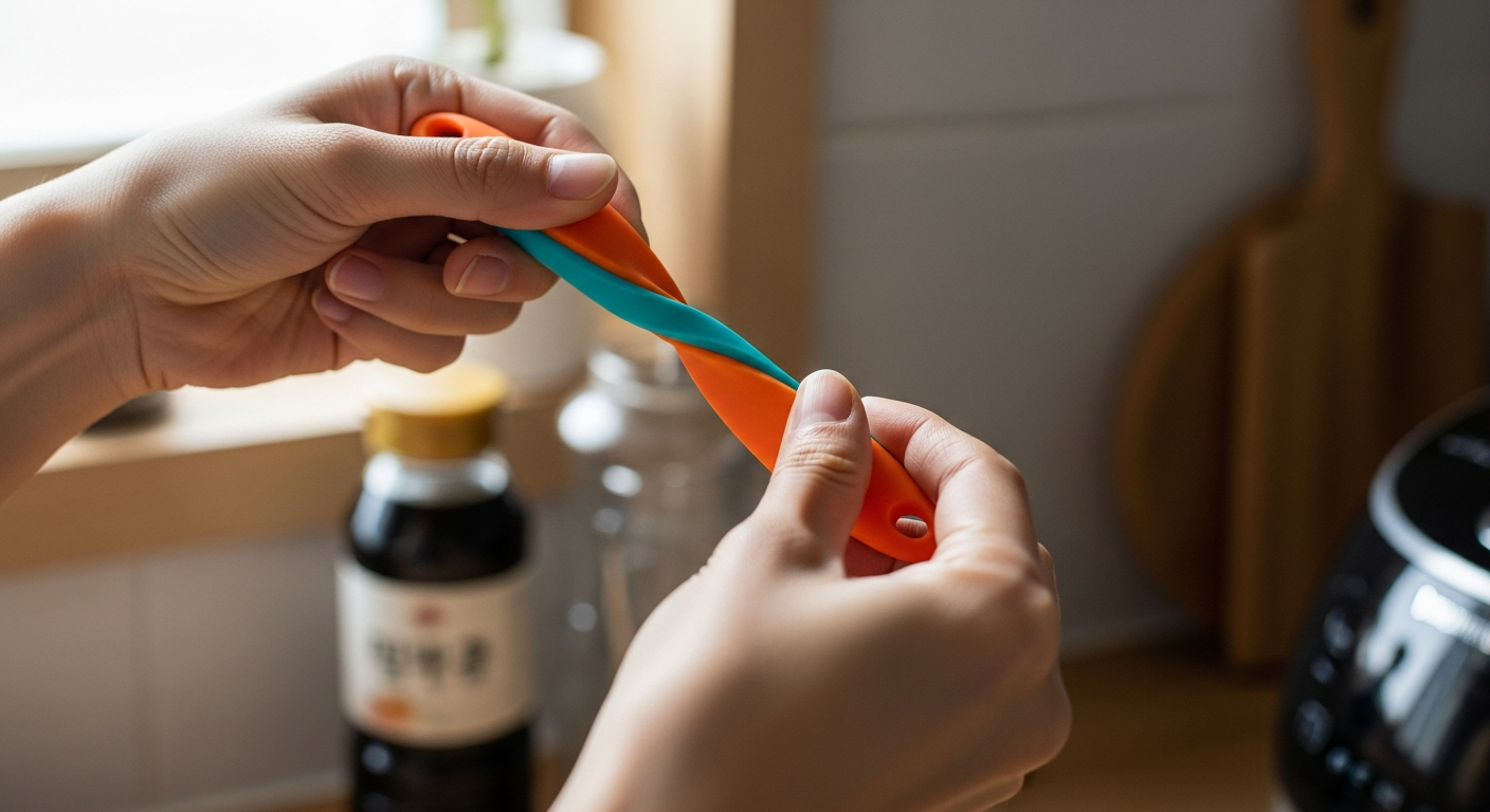 한국적 주방 배경에서 실리콘 주방용품을 당기고 비틀어보는 모습의 클로즈업 사진