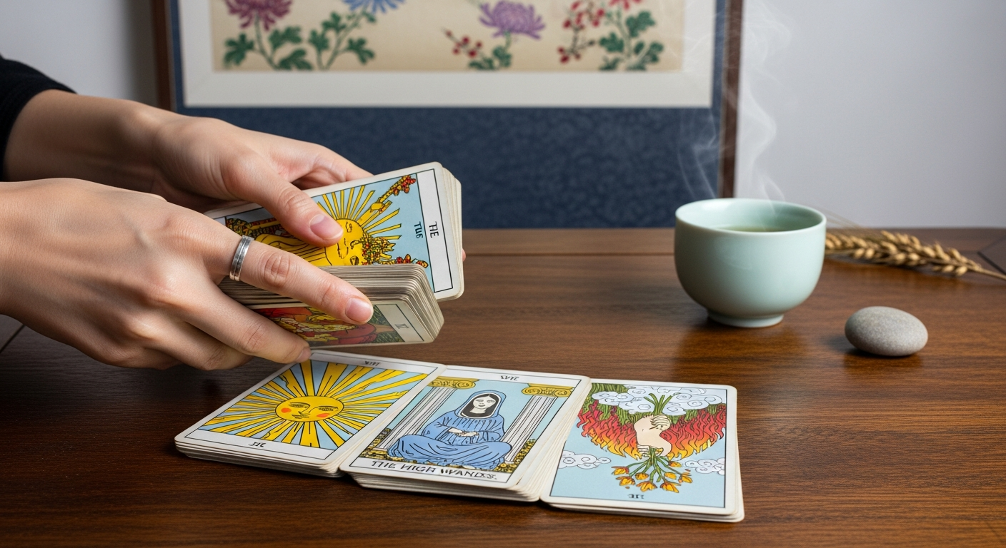 타로 카드 덱을 다루는 손과 한국적 분위기의 배경
