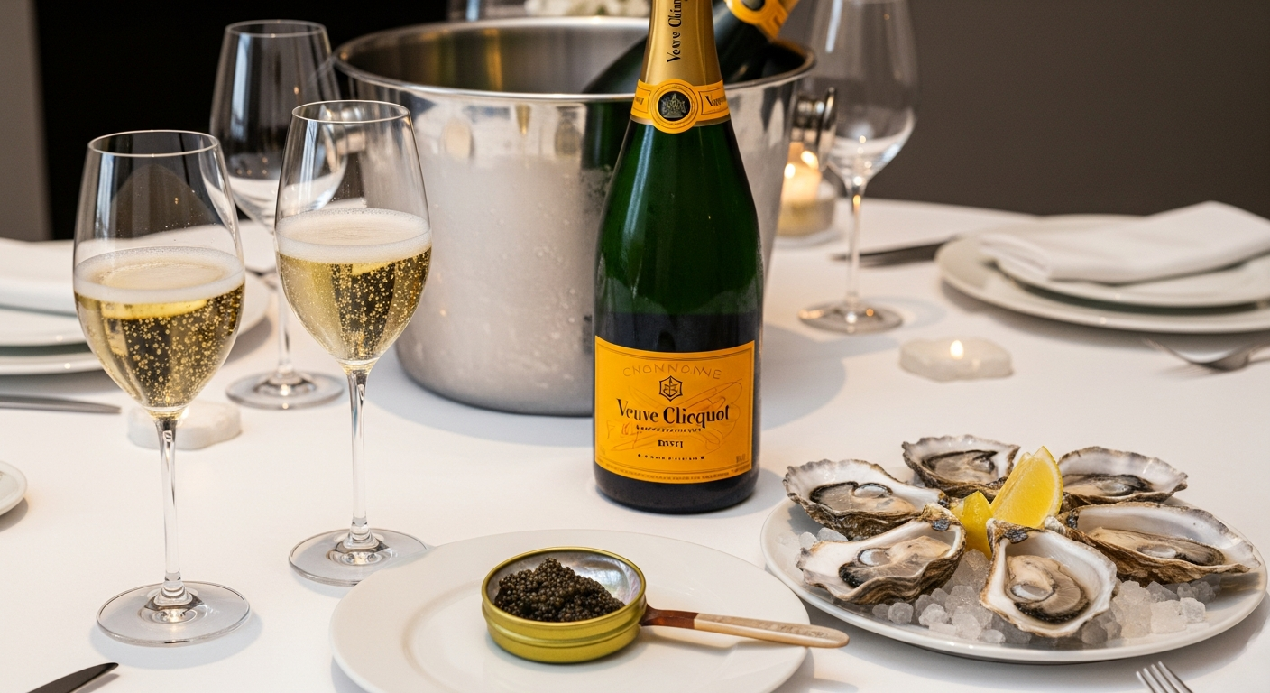 뵈브 클리코 옐로우 라벨 샴페인이 식탁 위에 놓여 있고 버블이 올라오는 샴페인잔과 굴, 캐비어 같은 고급 음식이 함께 있는 모습