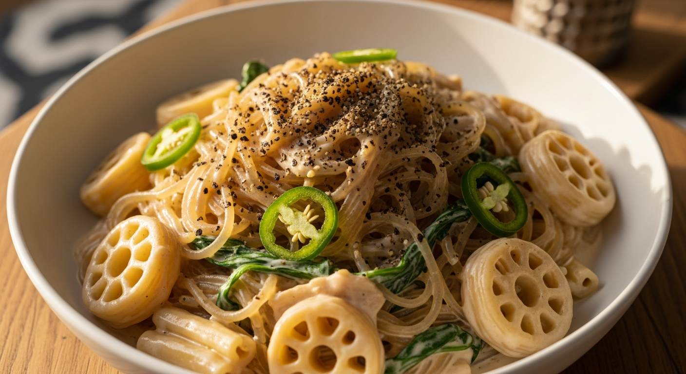 꾸덕꾸덕한 크림소스가 얹힌 잡채 크림 파스타 일러스트