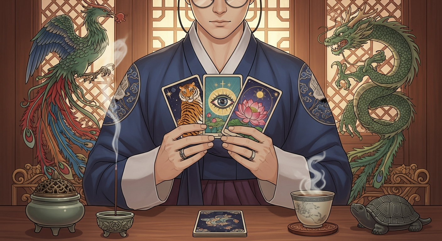 동양 타로 권위자 모나드의 신비로운 타로 리딩 일러스트