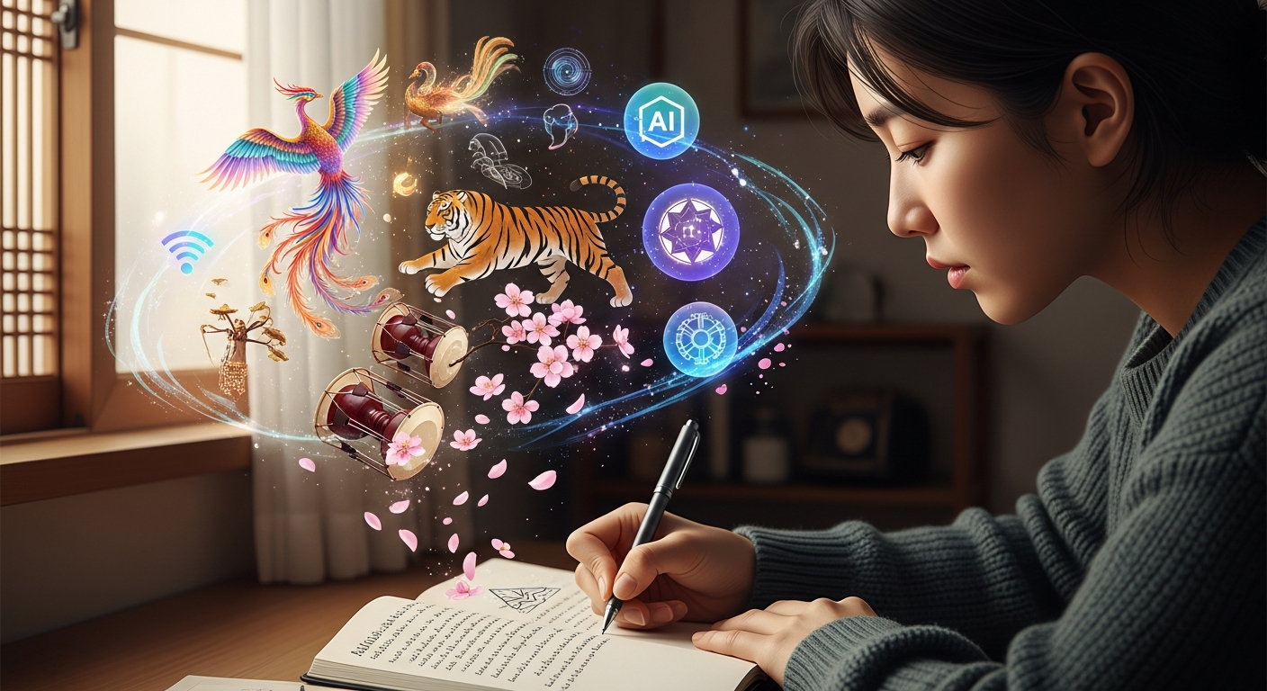 꿈 일기를 쓰고 AI가 꿈 내용을 분석하는 모습을 표현한 이미지