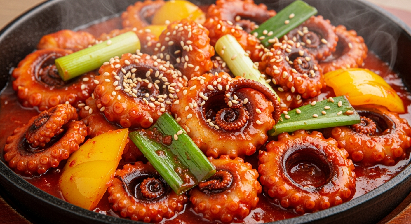 물기가 생기지 않고 윤기 나는 매콤 쭈꾸미볶음과 채소가 팬에 담겨 있는 모습