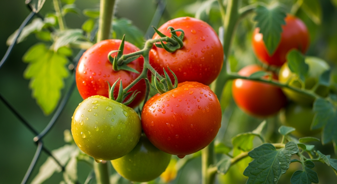 햇볕 아래 건강하게 익은 붉은 토마토 열매들