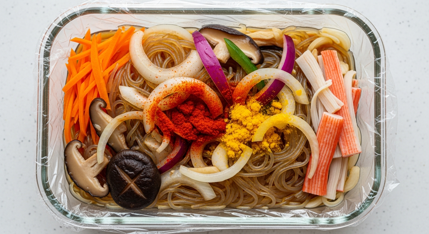전자레인지용 내열 용기에 넣은 초간단 잡채 재료가 담긴 모습