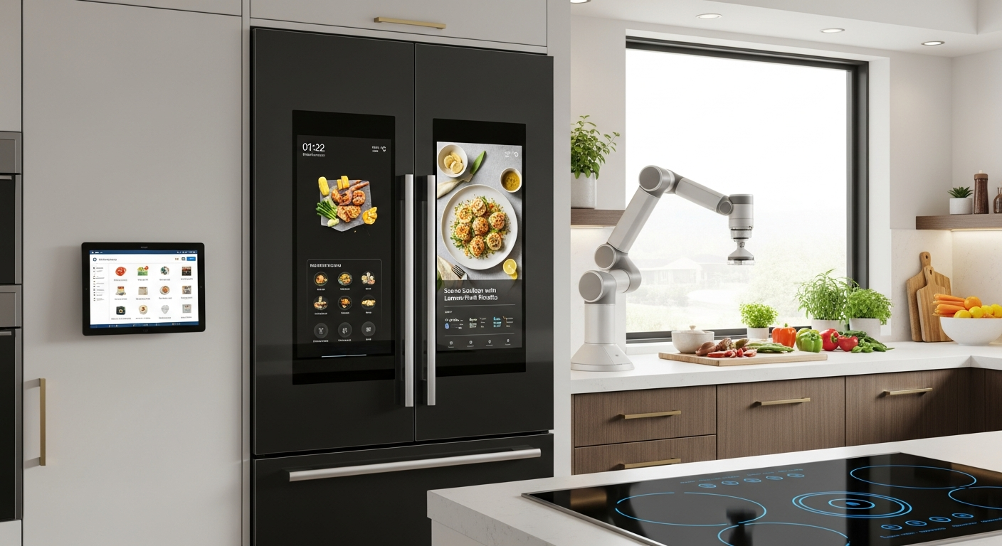 최첨단 AI 냉장고가 있는 모던 스마트 홈 주방 이미지