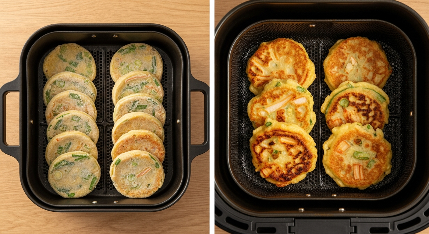 에어프라이어로 남은 전재료를 바삭하게 데우는 장면