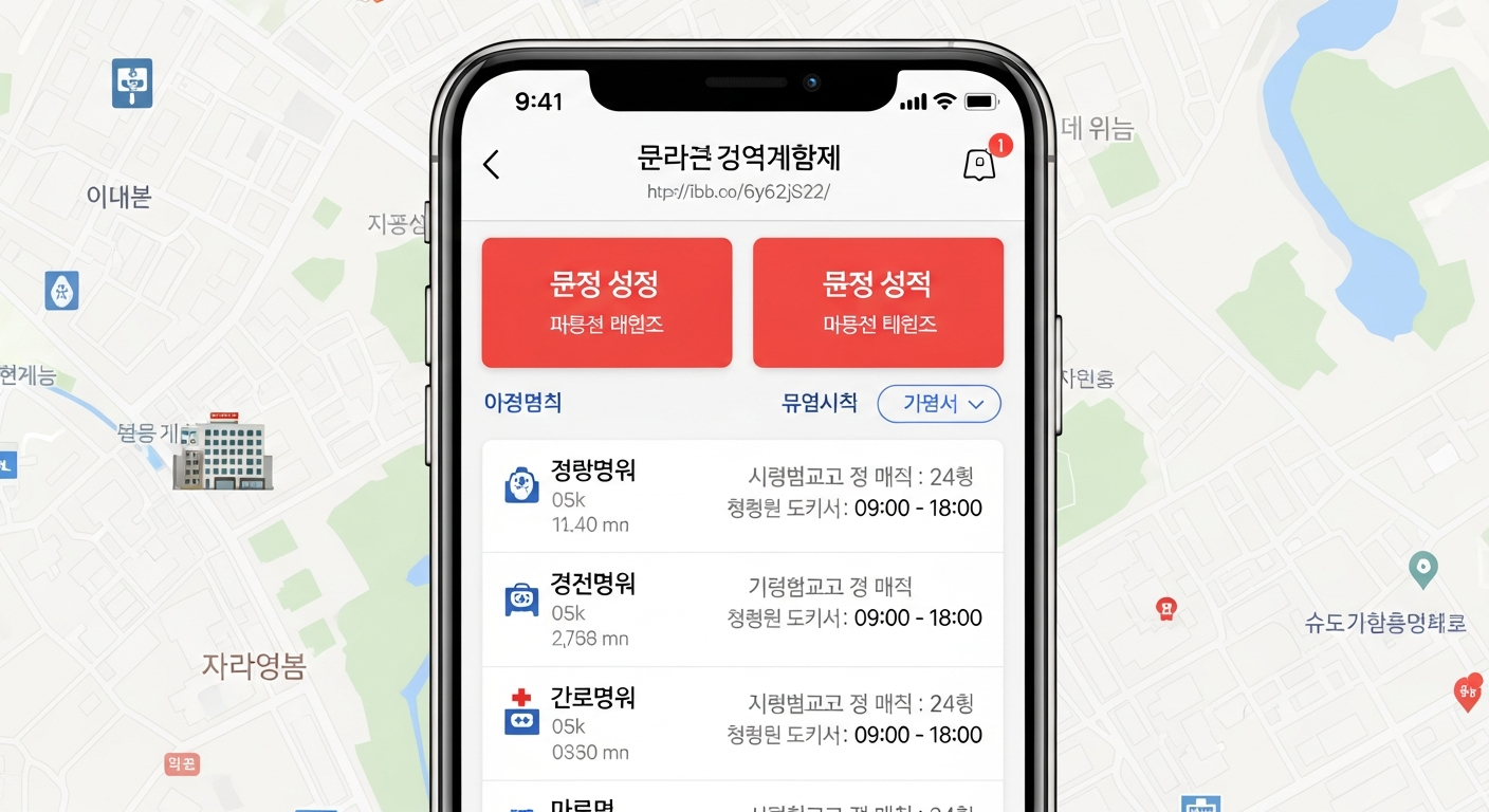 한국 응급의료포털 E-Gen 앱에서 설 연휴 문 여는 병원과 약국 리스트를 보여주는 화면