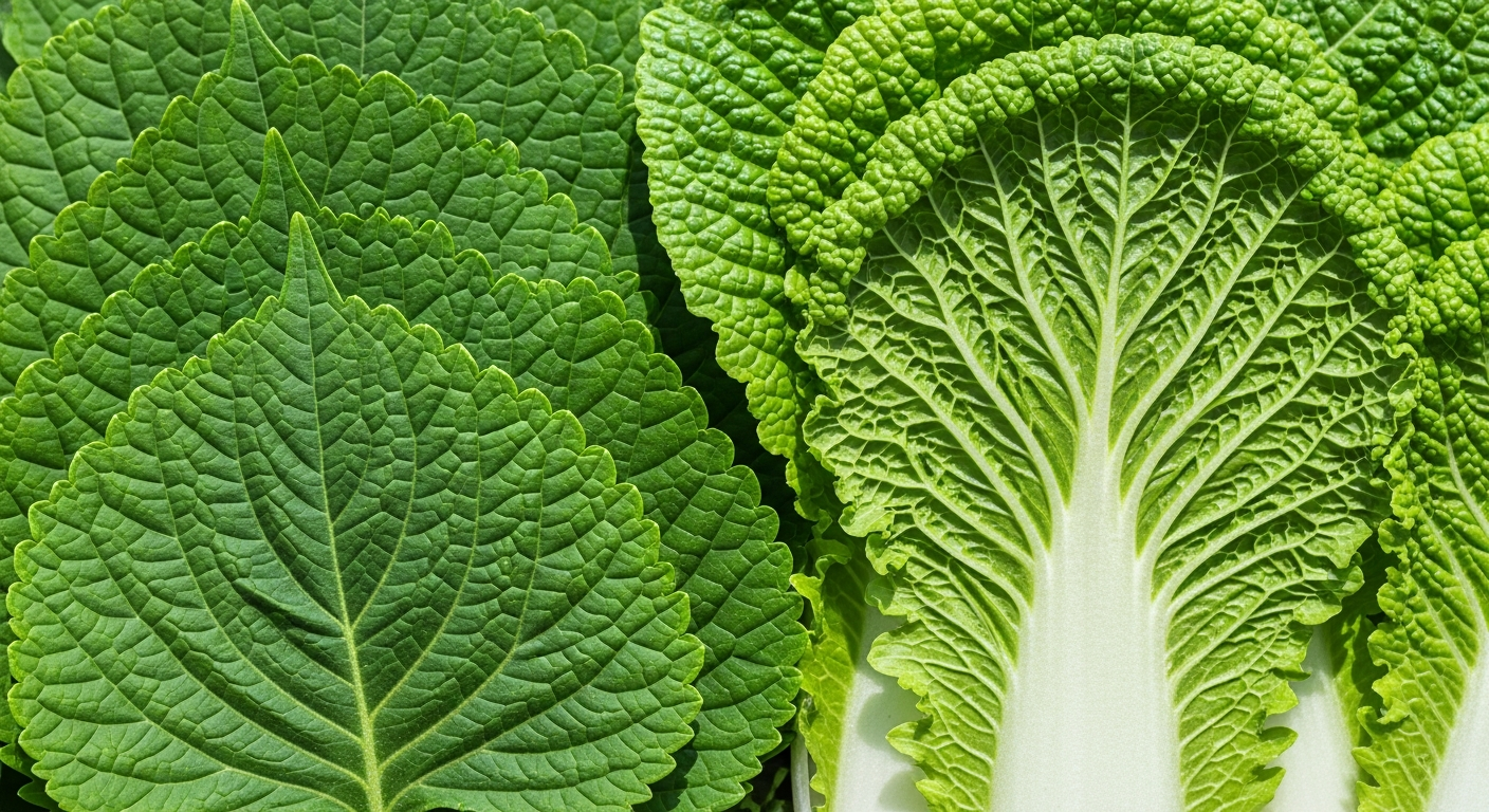 봄동과 알배추 잎의 질감과 색상 비교 클로즈업 사진