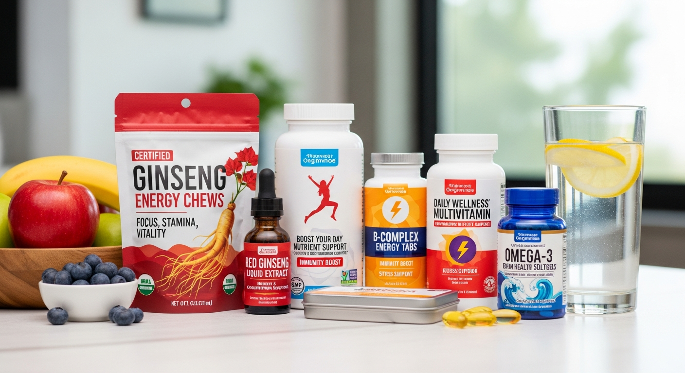고등학생을 위한 건강한 에너지 보충 식품과 영양제 세트