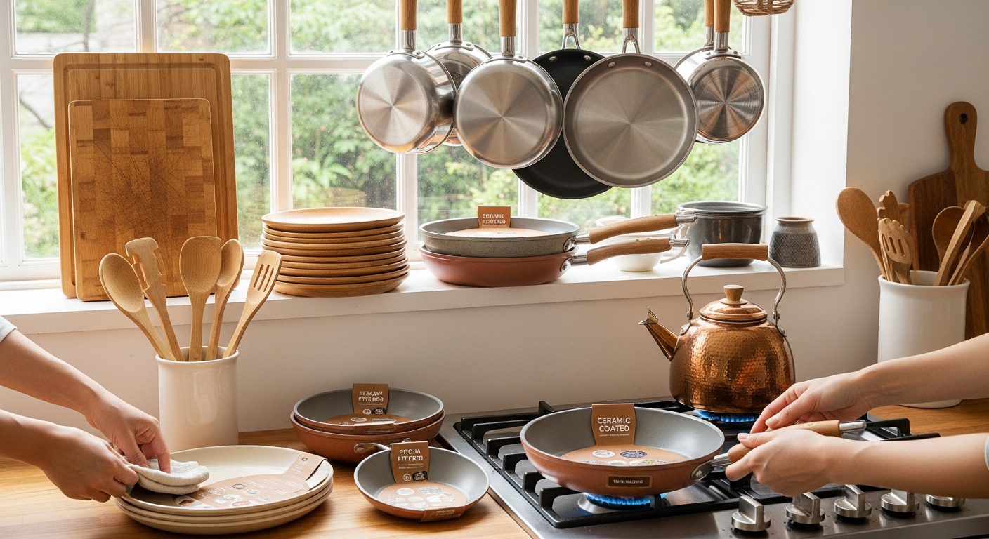 친환경 재질로 만든 주방용품과 자연 친화적인 환경에서 제품을 손에 들고 있는 모습