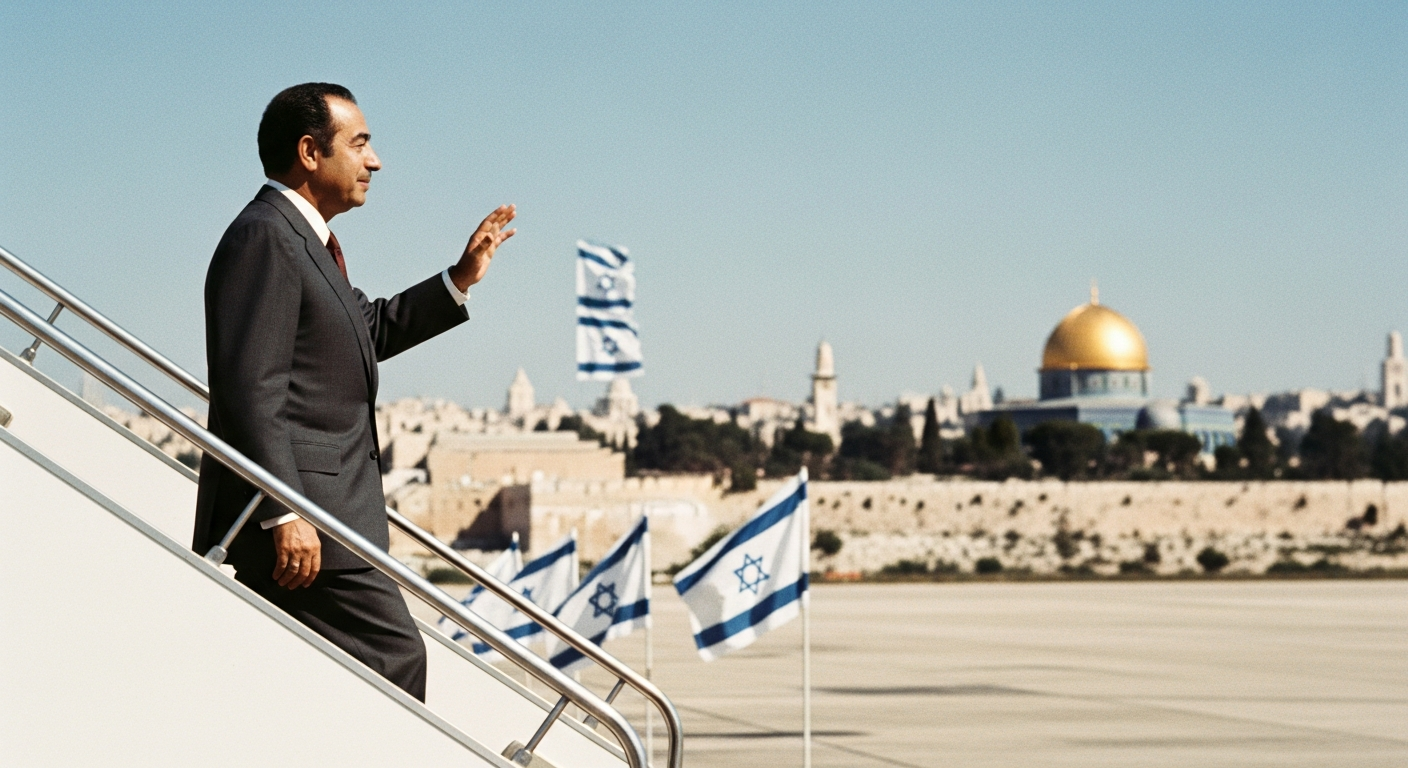 1970년대 스타일 정장 차림의 이집트 대통령이 비행기에서 내려 군중을 향해 손을 흔드는 예루살렘 방문 장면을 연상시키는 이미지