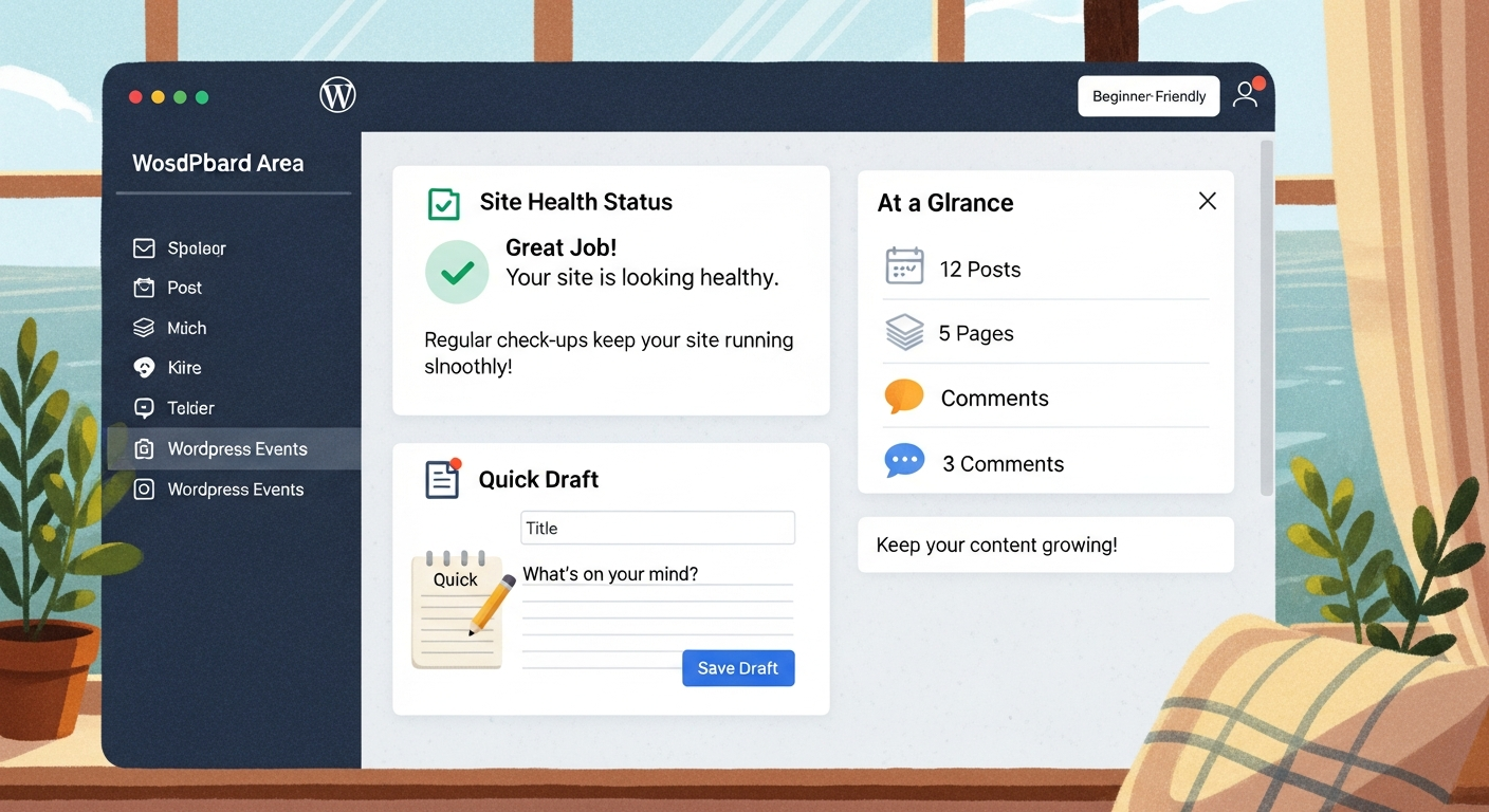 초보자도 쉽게 이해할 수 있도록 워드프레스 대시보드 핵심 메뉴를 친절하게 보여주는 따뜻한 느낌의 일러스트