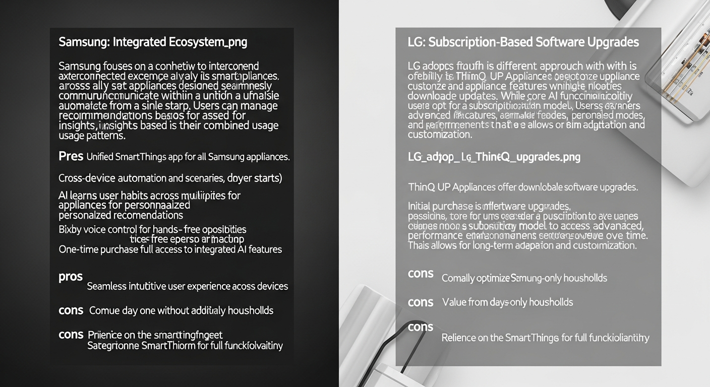 삼성과 LG AI 가전제품의 기능과 전략을 비교하는 인포그래픽 이미지