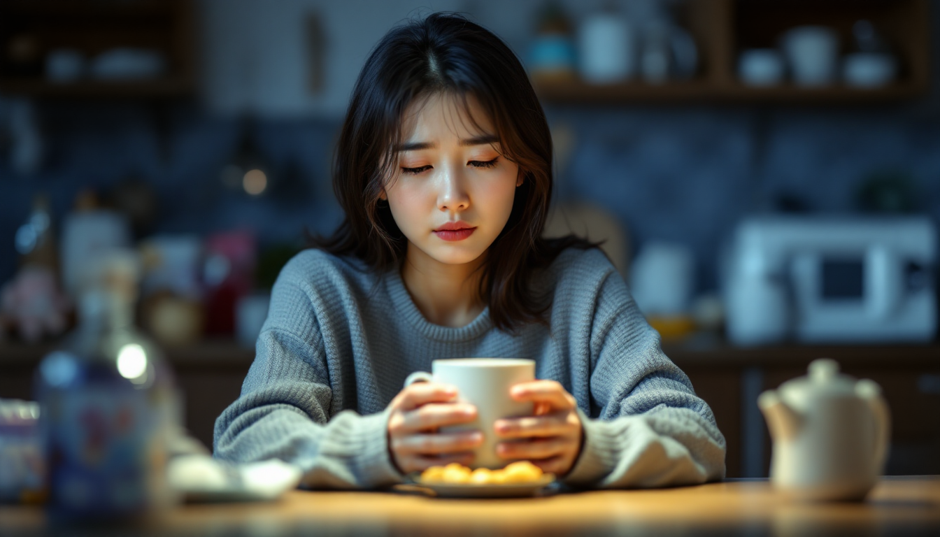 야간에 지친 얼굴로 식탁에 앉아 있는 한국인 산모의 모습 피곤함과 생활 리듬 붕괴를 보여줌