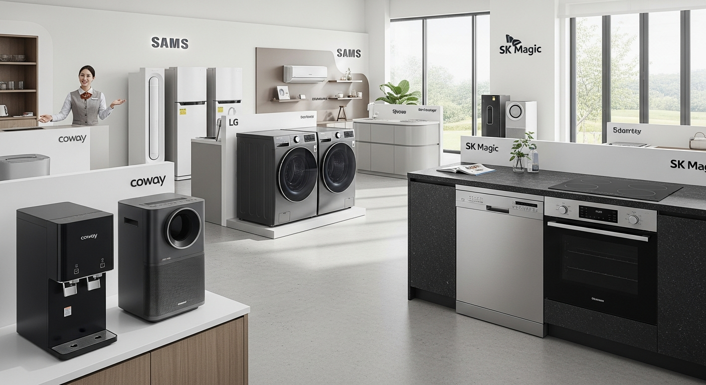 코웨이, SK매직, LG전자, 삼성전자 주요 브랜드별 가전제품 렌탈 인기 제품 전시 이미지