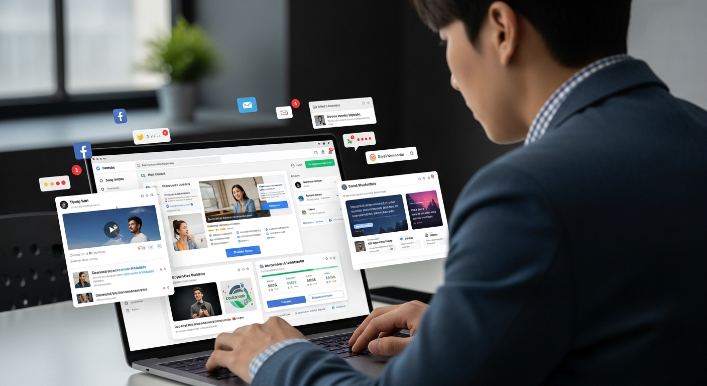 AI 자동화를 활용해 페이스북, 트위터, 이메일 등 다중 채널에 콘텐츠를 배포하는 한국 전문가 모습