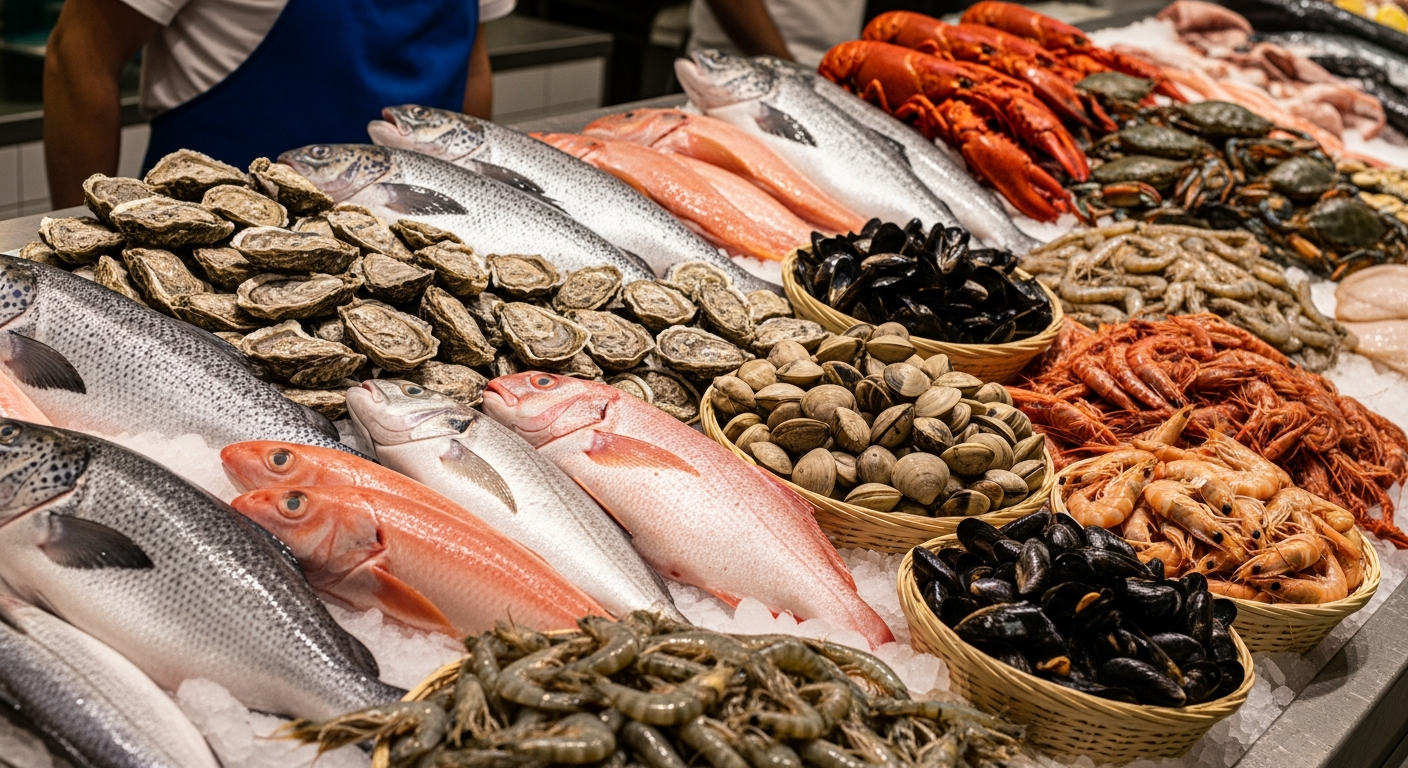 5월 제철 해산물이 신선하게 진열된 활기찬 해산물 시장의 실사 이미지