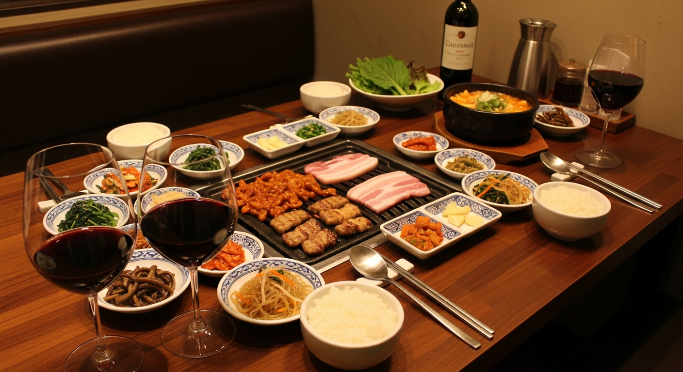 한식 고기 요리와 카베르네 소비뇽, 피노 누아 레드 와인의 궁합을 보여주는 전통 한국식 식사 장면