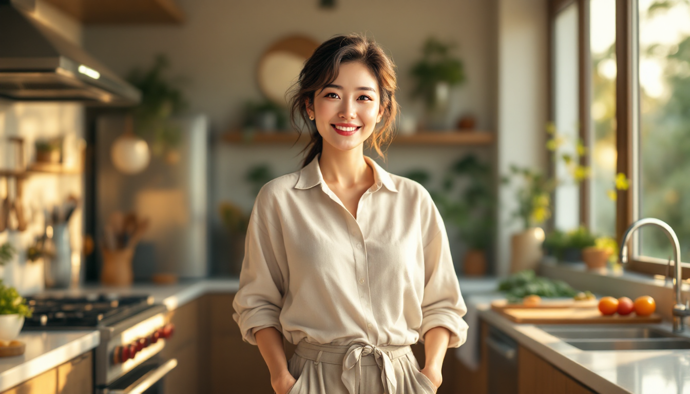 자신감 있는 45에서 60세 한국 여성이 밝은 주방에서 손을 허리에 얹고 서 있는 고화질 실사 사진