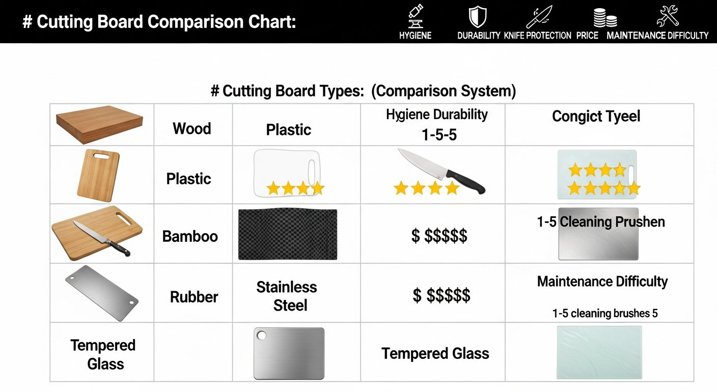 도마 소재별 위생성, 내구성, 칼 보호 능력 등을 한눈에 비교하는 인포그래픽 차트