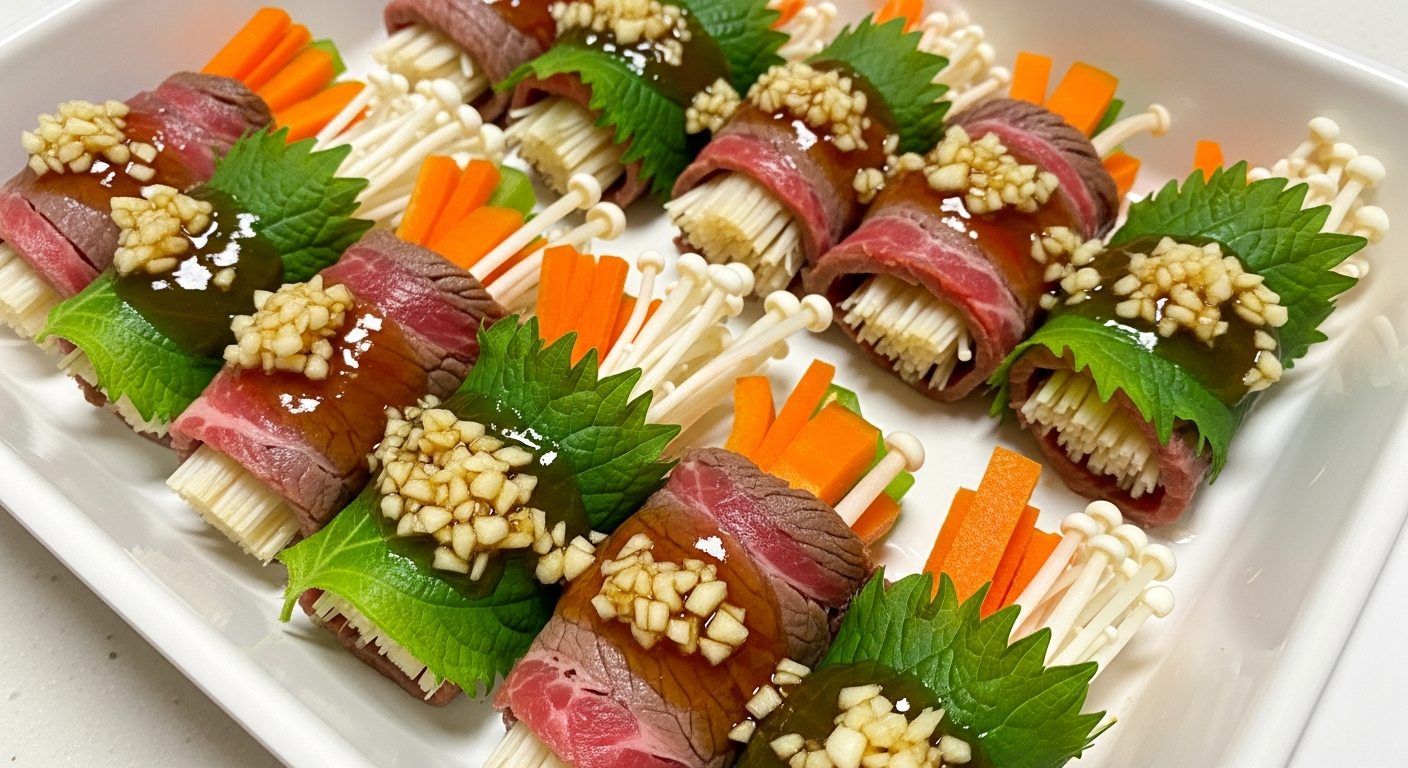 소고기 야채 말이와 양념이 준비된 접시