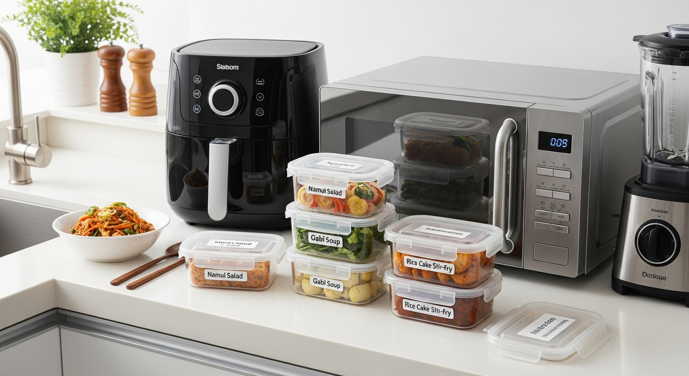 밀프렙 용기에 내용물이 라벨링되어 주방 조리 도구 옆에 정리된 모습